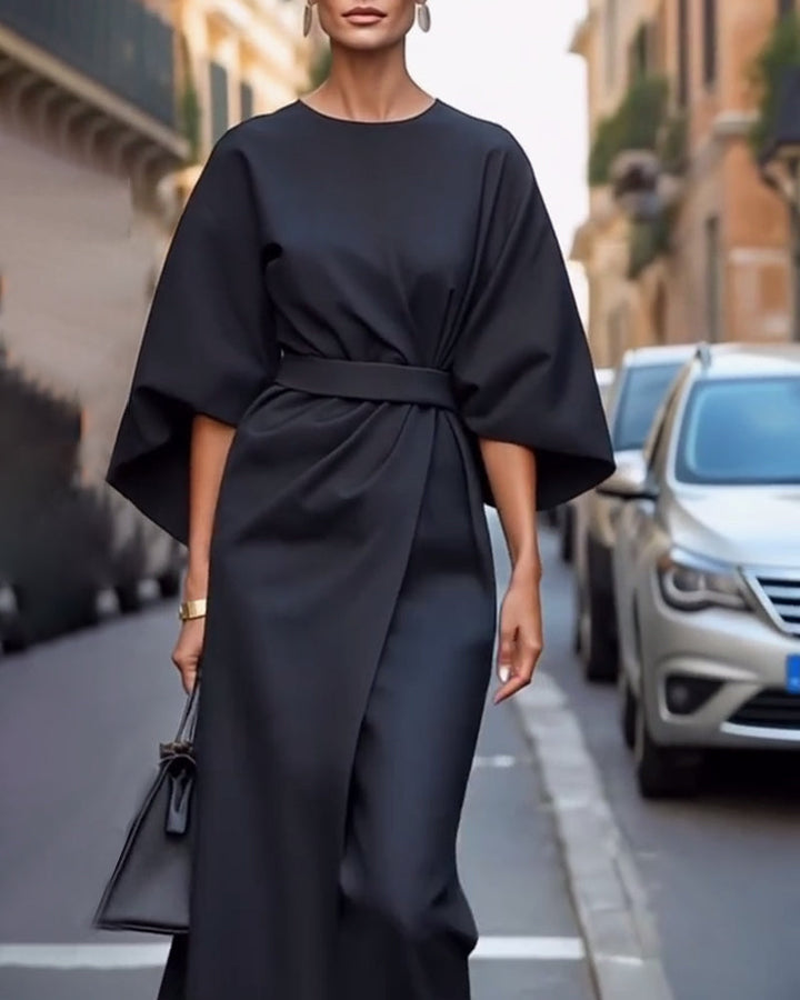 Alexandra - Premium elegancka sukienka z rękawami i paskiem