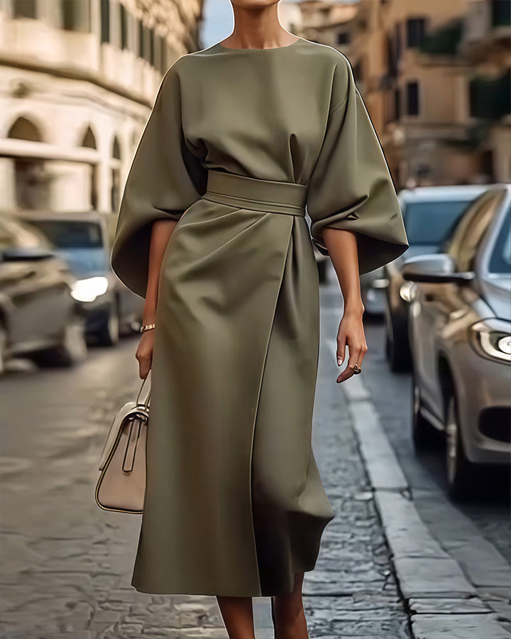 Alexandra - Premium elegancka sukienka z rękawami i paskiem