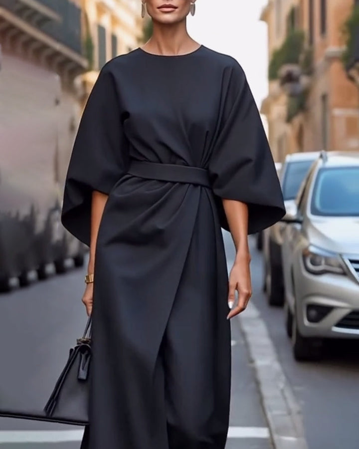 Alexandra - Premium elegancka sukienka z rękawami i paskiem